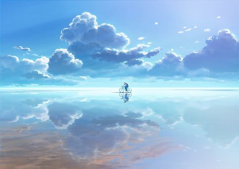 man riding bicycle on mirror surface of sky anime #bicycle #clouds #reflection #1080P #wallpaper #hdwallpaper #desktop Sky Anime, Art Of Animation, Body Of Water, Animation Background, Arte Fantasy, 판타지 아트, Environment Design, Environmental Art, Anime Wallpapers