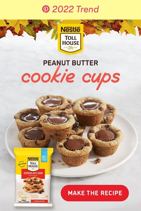 Kick off holiday baking with Nestle Toll House Peanut Butter Cookie Cups, a sweet and savory treat for your Thanksgiving gathering! A simple, two ingredient recipe. Just Nestle Toll House Refrigerated Chocolate Chip Cookie Dough and peanut butter cups make for an easy dessert your family and friends will love. There is no better way to show your community you care than with a delicious dessert! Make the recipe now! Nestle Toll House Peanut Butter Chocolate Chip Cookies, Chocolate Chip Cookie Dough With Peanut Butter Cups, Chocolate Chip Peanut Butter Cups, Resses Peanut Butter Cookie Cups, Toll House Cookie Dough Ideas, Christmas Cookies With Reese Cups, Refrigerated Chocolate Chip Cookie Dough Recipes, Reeses Cookies Cups, Cookie With Peanut Butter Cup