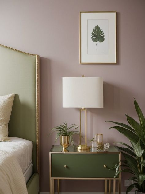 Lavender And Dark Green Bedroom, Pink Room With Green Accents, Lilac Master Bedrooms Decor, Bedroom Mauve Walls, Bedroom Inspirations Purple Wall, Dusty Lilac Bedroom, Light Purple And Green Bedroom, Lavender Guest Bedroom, Mauve Walls Bedroom