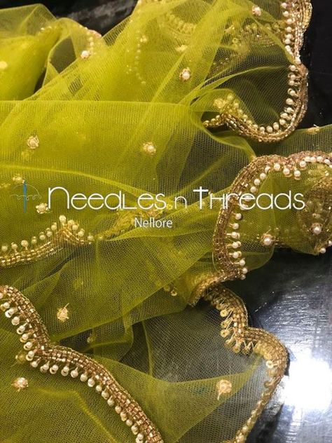 Needles n Threads, Nish*tha towers,3rdfloor,Behind celebrations,Kings court avenue, Nellore (2020) Fancy Dupatta Design With Lace, Handwork Dupatta Design, Panjabi Dress, Dupatta Styling, Khatli Work, Desi Attire, Dupatta Design, Wedding Jewelry Sets Bridal Jewellery, Hand Work Design