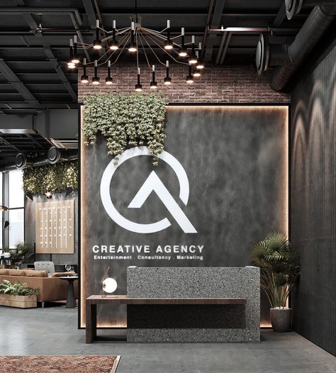 Commercial Office Reception Area, Moody Office Inspiration Modern, Modern Office Reception Design Interiors, Medical Office Waiting Room Ideas, Cool Office Reception Area, Commercial Waiting Area, Industrial Restroom Design, Office Design Ideas Business Corporate, Office Reception Area Design Modern