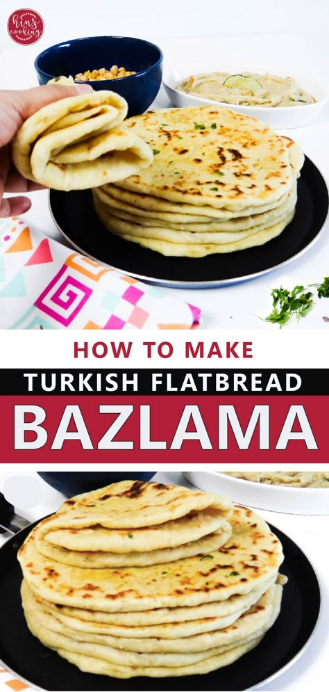 Bazlama Recipe (Greek Yogurt Turkish Flatbread) Flat Bread With Yoghurt, Kebab Bread Recipe, Turkish Milk Bread In A Pan, Turkish Flat Bread Recipes, Turkish Milk Bread, Turkish Bread Flatbreads, Yogurt Flat Bread Recipe, Middle Eastern Bread Recipes, Greek Flat Bread Recipe