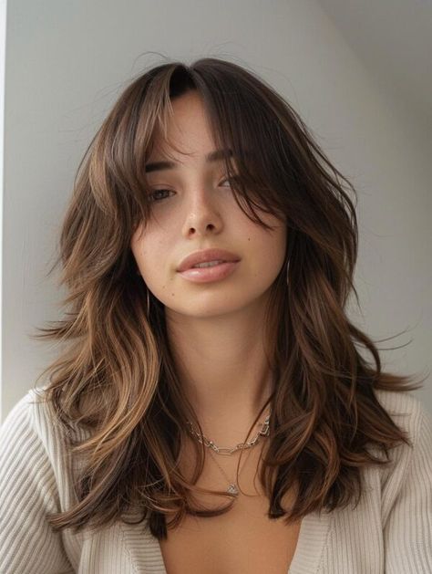 Stylish Shoulder Length Hair with Curtain Bangs: Trends & Tips Haircut Ideas Layered Shoulder Length, Hair Cuts With Curtain Bangs Wavy, Long Layered Shag Haircut Curtain Bangs, Certain Bangs Medium Hair, Short Hair Inspo Color, Short Hair Below Shoulder, Over Shoulder Haircut, Mid Length Hair With Layers And Curtains, Wavy Hairstyles With Curtain Bangs