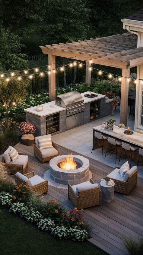 Modern Family Backyard, Bbq And Fire Pit Area, Backyard Hosting Space, Bbq Landscape Design, Bbq In Garden, Bbq Zone Outdoor Spaces, Bbq And Pool Area, Ultimate Outdoor Entertaining Area, Outdoor Patio And Fire Pit