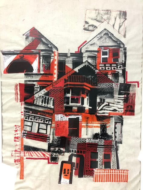 This piece is a large collage, the base is a screen print of a collaged composition of houses focussing on residential middle class housing, I then worked on top of it by collaging different lino prints and screen prints, also of similar architecture. The collage was attached together using only sewing Ks3 Architecture Project, Lino Print Collage, Lino Print Buildings, Architecture Lino Prints, House Collage Art, Architecture Collage Abstract, Architecture Printmaking, Building Collage, Architecture Composition