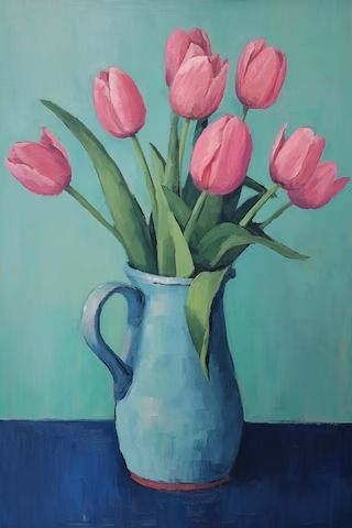 ArtDesignMercantile - Etsy Flower Pot Still Life Painting, Flower Vase Canvas Painting, Oil Painting Tulips Flower, Oil Pastel Flower Vase, Flower Vase Painting Acrylic Still Life, Tulip Wall Art, Tulips Art, Tulip Painting, Abstract Floral Art