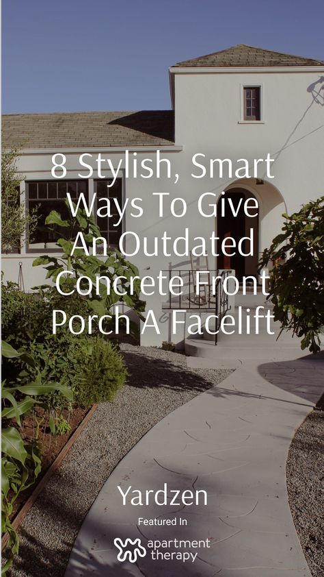 While lauded for their durability and affordability, these basic front porches are anything but inspiring — particularly once they start to show some wear. However, the good thing about concrete front porches is they are the perfect blank slate for numerous DIY and professional projects and upgrades. If your boring front porch is getting you down, consider one (or more!) of these eight stylish, smart ways to give your outdated concrete front porch a makeover. Front Porch Pavers Over Concrete, Stamped Front Porch, Front Porch No Steps, Ground Level Front Porch Ideas, Front Step Ideas Concrete, Front Porch Flooring Ideas Concrete, Front Porch Cement Makeover, Paver Front Porch Entrance, Front Concrete Porch Ideas