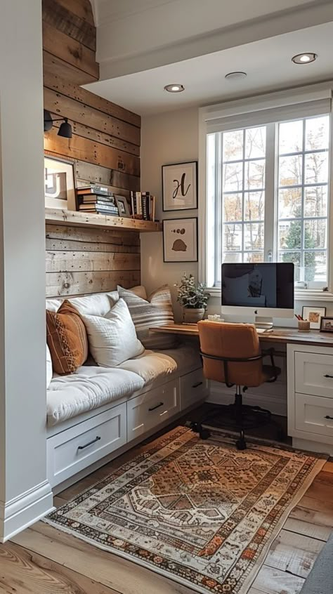 Sunroom Office Ideas Small Spaces Cozy, Home Office Library Ideas Cozy, Study Office Room Ideas, Work Room Ideas Office Decor, Sunroom Study, Office Area In Living Room, Small Study Room, Farmhouse Study, Office In A Small Space