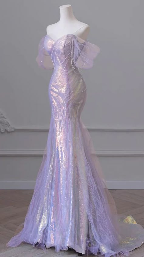 Purple Dress Mermaid, Light Purple Mermaid Dress, Mother Of Pearl Dress, Custom Prom Dress Ideas, Purple Fitted Mermaid Dress, Got Inspired Dress, Mermaid Inspo Outfit, Ethereal Dress Goddesses, Mystical Dresses