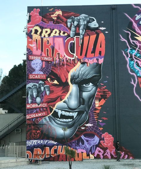 Streets: Tristan Eaton – “Monster Wall” @ Universal Studios (Los Angeles) « Arrested Motion Xiii Tattoo, Tristan Eaton, Scary Shows, Graffiti Bridge, Spooky Books, Margaret Bourke White, Monster Wall, Street Art News, Mixed Media Portrait