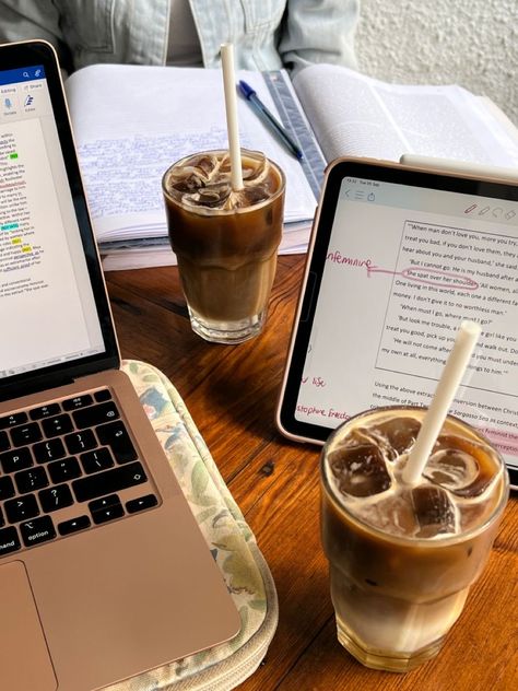 Aesthetic Cafe Studying, Cafe Writing Aesthetic, Studying And Coffee, Study In A Cafe Aesthetic, Iced Coffee Studying Aesthetic, Coffee Studying Aesthetic, Coffee Shop Laptop Aesthetic, Study With Coffee Aesthetic, Cafe Vision Board