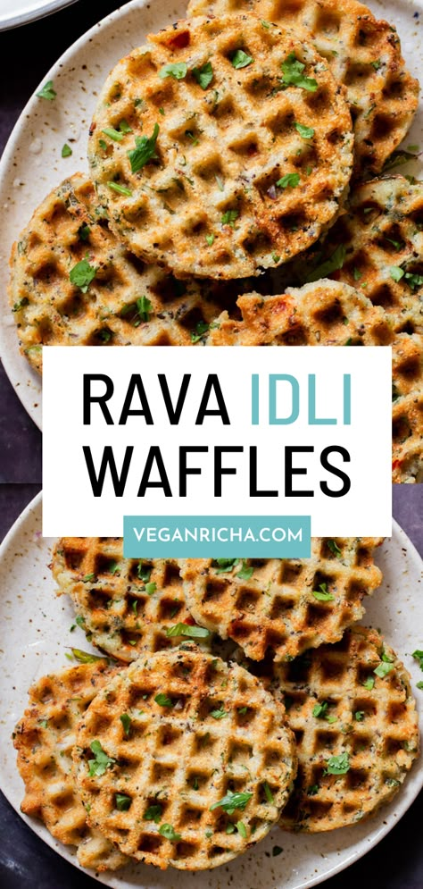 Rava idli waffles is a fun spin on a South Indian savory cake. It has a lovely, delicate texture and is seasoned with whole spices, ginger, chili, and cilantro. It’s an amazing savory breakfast served with chutney, Indian pickles, or sambar. Indian Waffle Recipe, South Indian Lunch Recipes, Low Calorie High Protein Breakfast, Savory Waffle Recipe, Instant Snacks, Millet Bread, Rava Idli, Savory Cake, Indian Pickles