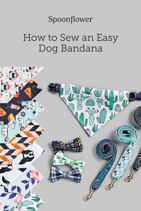 A custom-printed bandana adds flair and color to your dog’s collar. You and your pup (or cat!) will be jumping for joy once you’ve made this DIY pet bandana. Our free downloadable PDF pattern and video tutorial makes this a quick project for both beginner and more experienced sewists alike. #PetDIY #Tutorial #DogBandana Dog Collar Flower Pattern, Dog Bandana Over Collar Pattern, How To Make Dog Collar Bandanas, Over The Collar Dog Bandana Sewing Pattern, Dog Scarf Pattern Sewing, Easy Sew Dog Clothes, Double Sided Dog Bandana Diy, Simple Dog Bandana Pattern, Diy Doggie Bandana Free Pattern