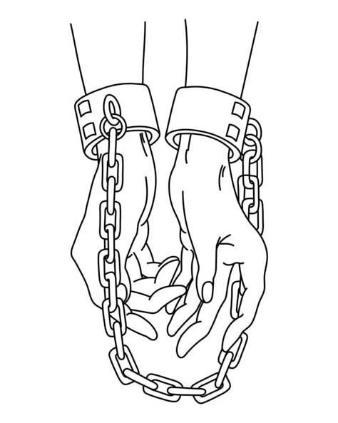 Line art, female hands are chained. Human trafficking concept. Illustration, vector. Hand With Chain Drawing, Chains Reference Drawing, Hands In Chains Drawing, Chains Illustration Art, Person In Chains Drawing Reference, Person Chained Up Reference, Pinned Down Pose, Breaking Chains Art, Chains Drawing Reference