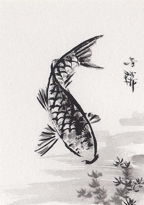 Lin Li's Chinese Art: Orig Art ACEO SumiE Chinese Ink Brush Painting KOI Fish Easy Ink Art, Chinese Painting Easy, Ink Art Easy, India Ink Art Ideas, Chinese Art Drawing, India Ink Art, Ink Brush Art, India Ink Painting, Japanese Ink Art