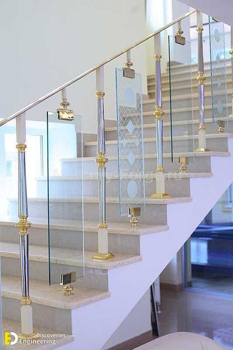 Amazing Glass Grill Stair Designs For Your Home | Engineering Discoveries Stair Railing Ideas Glass And Steel, Relling For Home Steel, Relling For Stairs, Stairs Relling Design Steel, Staircase Glass Design, Glass Stairs Design, Reling Design, Stairs Tiles Design, درابزين السلم