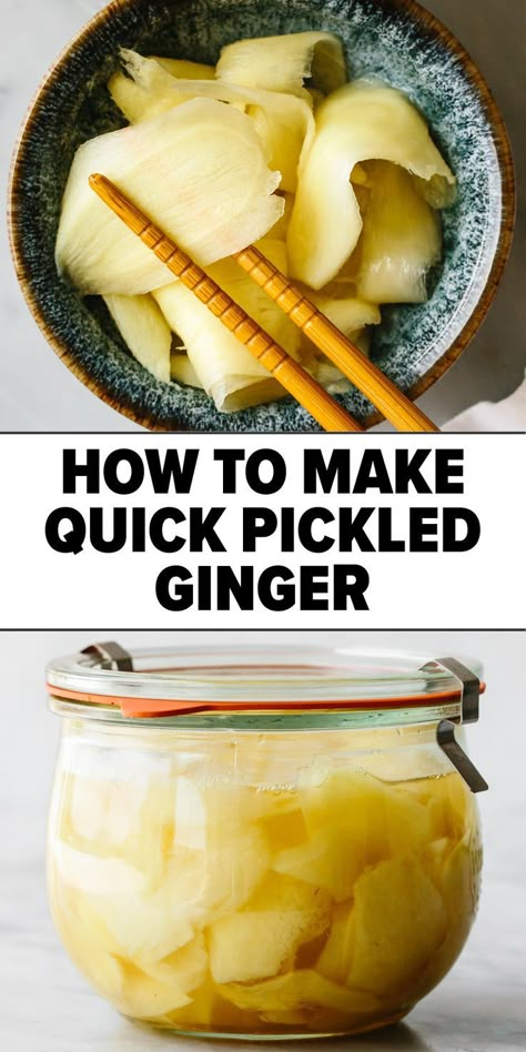 Quick pickled ginger recipe Fermented Vegetables Recipes, Pickles Recipes, Sushi Ginger, Pickled Vegetables Recipe, Ginger Recipe, Dessert Sushi, Dessert Chef, Fermentation Recipes, Pickled Ginger