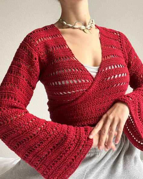 Julia | My red Island wrap top! This one is made with increases on the sleeve the create a bell sleeve effect! #crochetersofinstagram… | Instagram Knitting Wrap Top, Crochet Sweater Flare Sleeves, Crochet Wrap Around Top, Crochet Top Bell Sleeve, Elegant Crochet Top, Crochet Wrap Top Pattern Free, Wrap Top Pattern Free, Crochet Top With Sleeves, Changbin Outfit