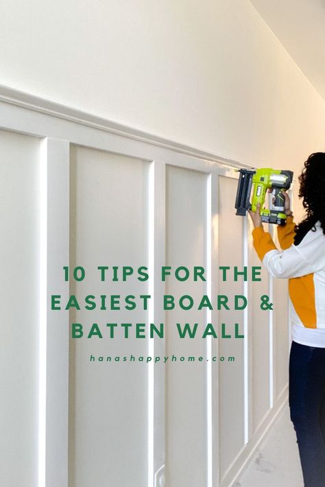 10 steps to help you plan, measure, cut and build a board and batten wall Accent Wall Hallway, Hallway Board And Batten, Board And Batten Hallway, Board Batten Wall, Diy Board And Batten, Batten Wall, Board Batten, Garden Pallet, Board And Batten Wall