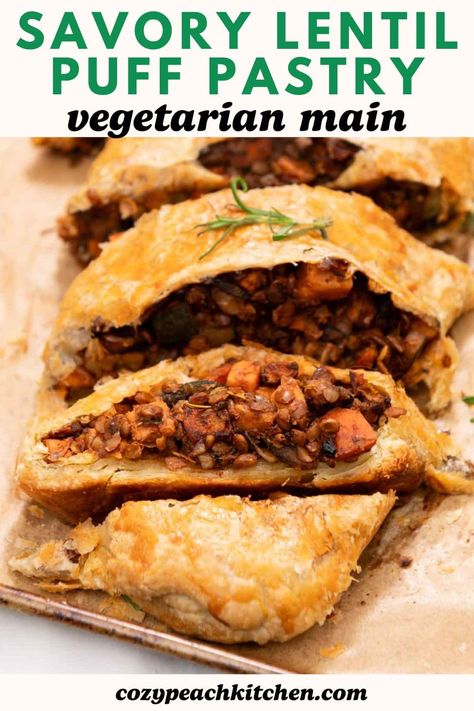 Savory lentils, sweet potatoes, and veggies are wrapped in puff pastry in this rich and nutritious vegetarian wellington. This recipe is perfect for dinner parties and holidays! Sweet Potato Puff Pastry Recipes, Vegan Wellington Recipe, Vegetarian Puff Pastry Recipes, Vegan Puff Pastry Recipes, Vegetarian Potluck Recipes, Savory Lentils, Lentil Wellington, Fancy Vegetarian Dinner, Veggie Wellington