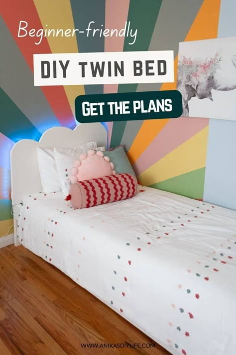 Easy DIY Twin bed frame with detailed tutorial, plans and video. Beginner-friendly and easy to build. #woodworking #anikasdiylife Diy Twin Bed Frame With Storage, Twin Bed Frame With Storage, Diy Twin Bed Frame, Diy Twin Bed, Diy Wood Projects For Beginners, Easy Diy Wood Projects, Easy Woodworking Projects For Beginners, Home Decor Cricut, Wood Diy Projects