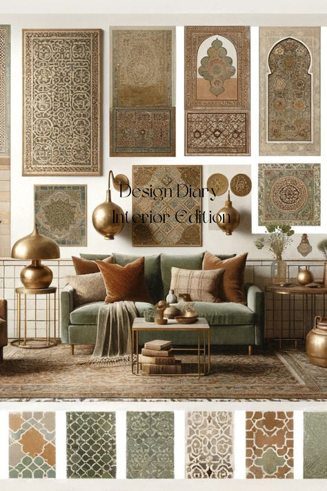 Enjoy this Traditional & Moroccan Inspired, Interior Design Mood Board😃 Morrocon Interiors Tiles, Marrakesh Aesthetic Interior, Marocco Interior Design Modern, Traditional Mood Board Interior Design, Marrakesh Interior Design, Arabesque Interior Design, Arabic Mood Board, Peru Interior Design, Moroccan Colour Palette