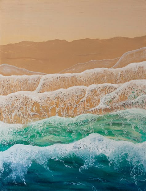 Waves On Beach Painting, Green Sea Painting, Ocean And Sand Painting, Sea Foam Illustration, Ocean Sand Painting, Aerial Ocean Painting, How To Paint Sand On A Beach, Sea Foam Painting, Waves On A Beach