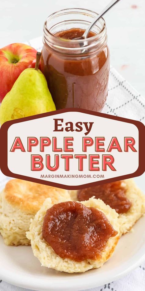 This apple pear butter is the best of both worlds, made with sweet ripe pears and tangy, crispy apples! It's a flavorful spread that combines cinnamon and other spices with the perfect amount of sweetness. Plus, it's super easy to make, and we're including instructions for the Instant Pot, slow cooker, or stove top! It's fantastic recipe for fall, and you can spread it on biscuits, rolls, pancakes, or swirl it into oatmeal. So good! Apple Pear Canning Recipes, Apple Pear Butter Crockpot, Pear Butter Crock Pot, Apple And Pear Recipes, Apple Pear Recipes, Pear Recipes For Canning, Pear Chutney Recipe, Pear Recipes Easy, Pear Sauce