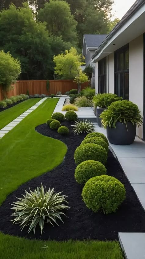 Clean Landscaping Front Yard, Side Yard Pea Gravel, Tiny Yard Landscaping, Minimal Front Yard Landscaping Ideas, Garden In Backyard Ideas, Landscape Ideas For Modern House, Small Tree Front Yard, Entry Garden Ideas Entrance, Small Front Yard Landscaping Ideas Minimalist