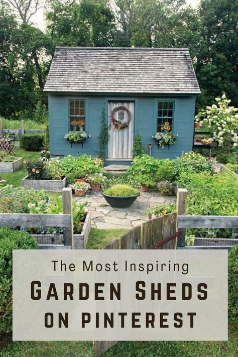 Window Garden Shed, Potting Shed Interiors Inspiration, Garden Shed Upgrade, Shed In Garden Design, English Potting Shed, Garden Around Shed Ideas, Colorful Garden Sheds, Shed And Garden Ideas, Wooden Garden Shed Ideas