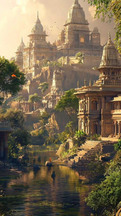 #TravelGoals #Wanderlust #ExploreMore #AdventureAwaits #BucketListTravel #TravelInspiration #TravelAddict #VacationVibes #TravelDiaries #RoamTheWorld Ancient Indian Architecture, Landscape Concept, Adventure Aesthetic, Indian Architecture, Fantasy City, Ancient India, Fantasy Setting, Fantasy Places, Fantasy Art Landscapes