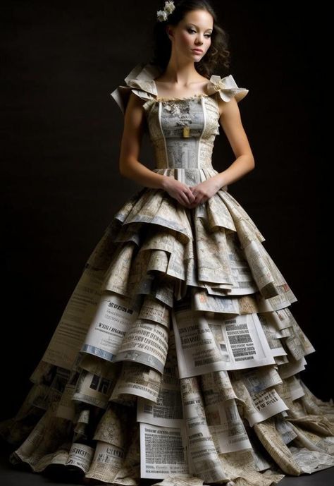 Paper Outfits Fashion, Book Page Dress, Recycled Outfit Ideas For School, Newspaper Fashion Design, Recycled Costumes Fashion Show, Dress Made Of Recycled Materials, Newspaper Dress Fashion, Newspaper Dress Diy, Newspaper Clothes