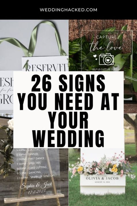 26 Signs You Need At Your Wedding: Ideas For Welcome Sign, Reserved Seating Sign, Memory Table & More! Wedding Sign Must Haves, Sign In Table Wedding Ideas, Sign For Seating At Wedding, Needed Wedding Signs, Necessary Wedding Signs, Wedding Welcome Area Decor, Wedding Signing Table Decorations, Wedding Day Signs Quotes, Must Have Signs For Wedding