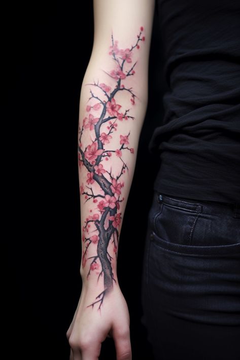 Japanese Floral Tattoo on Arm Tattoo Over Shoulder, Floral Tattoo On Arm, Japanese Floral Tattoo, Blossom Tattoo Shoulder, Cherry Blossom Tattoo Shoulder, Cherry Tree Tattoos, Mangas Tattoo, Tattoo Japanese Style, Sakura Tattoo