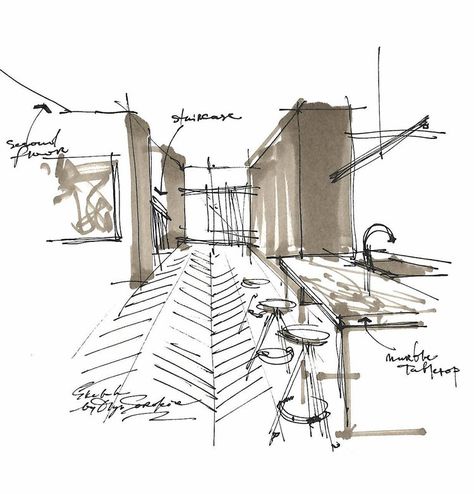 How to create a great interior design portfolio: 4 cases, top tips, and inspiration — School of Sketching by Olga Sorokina Beginner Interior Design Sketches, Sketchbook Interior Design, How To Draw Interior Design Sketches, Interior Design Sketches For Beginners, Interior Design Sketches Perspective, Interior Perspective Drawing, Student Sketchbook, Interior Sketching, Presentation Drawing