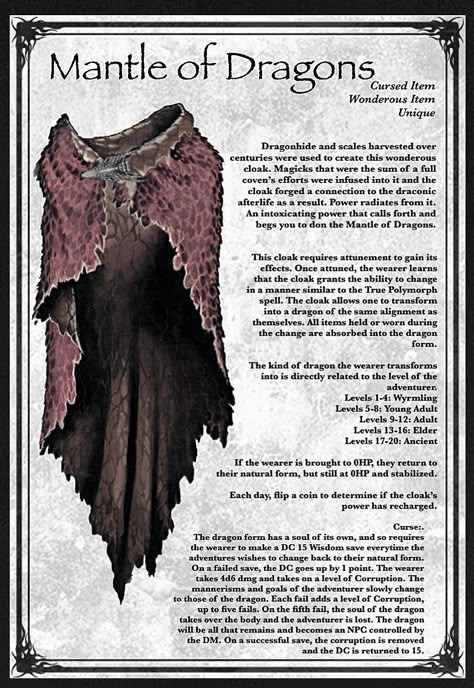 Items For Ranger Dnd, Dnd 5e Druid Magic Items, Dnd 5e Magic Cloak, Dnd Magic Clothes, Dnd Dragon Armor, Dnd Magic Items Homebrew Cloak, Dnd 5e Armor, Dnd Magic Cloak, Dragon Items Dnd