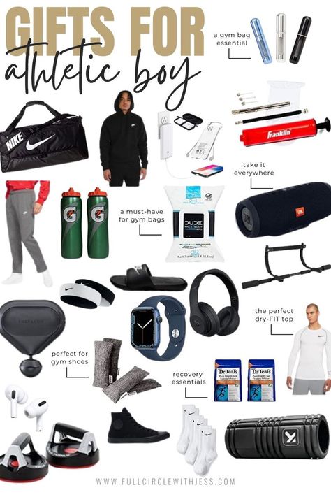 gifts for athletic teenage guys Gift Ideas For Sporty Boyfriend, Christmas Gifts For Athletic Boyfriend, Sporty Boyfriend Gifts, Things To Get A Boy For Christmas, Boy Christmas Gifts Boyfriends, Christmas List Teen Boy, Workout Gift Basket For Men, Burr Basket For Teen Boy, Guy Christmas Basket Ideas