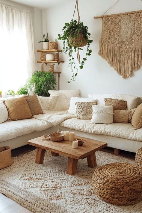 Create a neutral boho living room with cozy textures, soft colors, and natural decor. #BohoDecor #NeutralInteriors #CozyLivingRoom Natural Chic Living Room, Cute Boho Living Room, Natural Color Living Room Ideas, Subtle Boho Living Room, Simple Japandi Living Room, Boho Aesthetic Apartment, Apartment Aesthetic Bohemian, Cozy Boho Chic Living Room, Pine Furniture Living Room