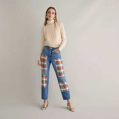 J.Crew: High-rise &apos;90s Classic Straight Jean With Snowy Stewart Tartan Patches For Women 90s J Crew, Beige Jeans, Stewart Tartan, Denim Belt, White Denim Jeans, Straight Crop Jeans, Petite Jeans, Tartan Plaid, Creative Fashion