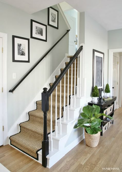 Wall color is Comfort Gray by Sherwin Williams. Great tutorial for painting staircase and adding a runner. Sand and Sisal Foto Scale, Stairs Makeover Ideas, Painted Staircases, White Stairs, Stair Makeover, Diy Staircase, Stairs Makeover, Staircase Remodel, Staircase Makeover