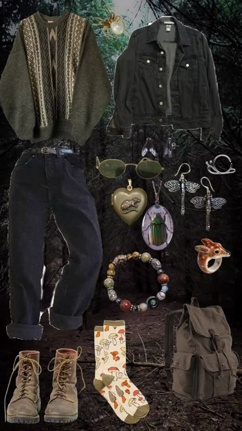 Here’s an androgynous forest witch outfit inspiration Nonbinary Witch Outfit, Nonbinary Casual Outfits, Wanderer Aesthetic Outfits, Woodsy Outfit Aesthetic, Geology Aesthetic Outfit, Cozy Punk Outfits, Earthy Academia Outfits, Pnw Spring Outfit, Astronomer Aesthetic Outfit