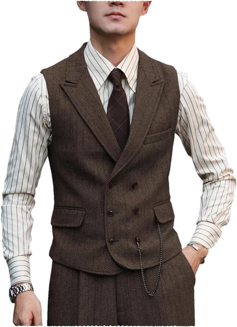 Amazon.com: Zeattall Men Vests Wool Herringbone Tweed Suit Vest Double Breasted Waistcoat : Clothing, Shoes & Jewelry Neofolk Fashion, Ivy Style Men, Brown Suit Vest, Vest Men Outfit, Suit Vest Men, Suit Vest Outfits, Mens Dress Vests, Vest Outfits Men, Mens Vest Fashion