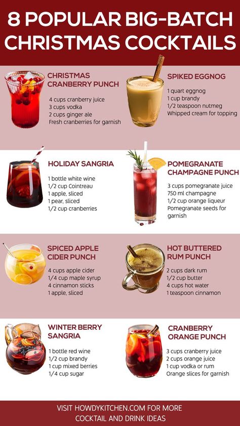 A vibrant guide to 8 popular big-batch Christmas cocktails, featuring drinks like Cranberry Orange Punch and Spiked Eggnog, great for serving at holiday parties. Christmas Adult Drinks Easy, Drinks To Serve At A Party, Holiday Boozy Punch, Christmas Food Serving Ideas, Friendsmas Hosting Ideas, Christmas Mix Drinks Holiday Cocktails, Premade Holiday Cocktails, Christmas Party Batch Cocktails, Hosting Christmas Party Ideas