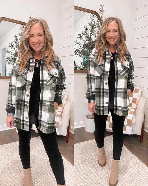 Shacket And Uggs Outfit, Buffalo Plaid Button Up Outfit, Womens Flannel Shirt Outfits Fall, Winter Outfits With Flannels, Flannel Outfits For Women Winter, Cozy Flannel Outfit, Womens Flannel Shirt Outfits, Green Plaid Shirt Outfit, White Plaid Shirt Outfit