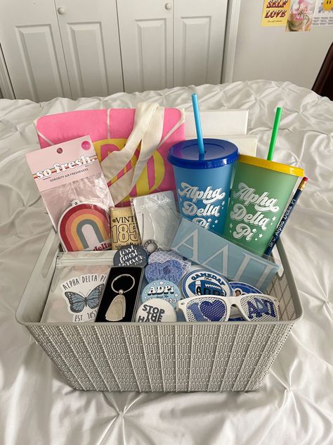 big little basket ideas adpi gifts sorority canvas College Bday Gifts, Bid Day Baskets Gift Ideas, Sorority Goodie Bags Gift Ideas, Big And Lil Gift Ideas, Sorority New Member Gifts Bid Day, Big Sis Little Sis Gifts Sports, Basket Ideas Sorority, Big/ Little Gifts, Sorority Sister Gifts