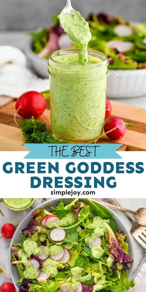 Green Goddess Dressing is easy to make and adds a bright and fresh taste to any salad. Use this salad dressing recipe as a dip for veggies for a healthy light snack! Green Goddess Salad Recipe, Healthy Dressing Recipes, Goddess Dressing Recipe, Green Goddess Salad Dressing, Green Salad Dressing, Green Goddess Salad, Goddess Salad, Salad Dressing Recipes Healthy, Goddess Dressing