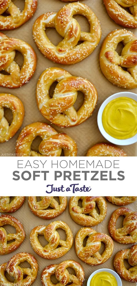 Top image: A close-up view of homemade soft pretzels topped with salt next to a small bowl containing mustard. Bottom image: A top-down view of soft pretzels. Soft Pretzel Recipe, Pretzel Recipe, Pretzel Crust, Homemade Pretzels, Homemade Soft Pretzels, Soft Pretzel, Pretzels Recipe, Oreo Dessert, S'mores