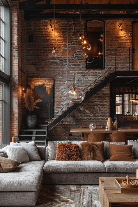 Urban Industrial Living Room Style 1 Living Room Inspiration Industrial, Brick Loft Apartment Decor, Industrial Cozy Living Room, Modern Industrial Interior Design Living Room, Modern Industrial Decor Living Room, Loft Interior Living Room, Industrial Modern Living Room, Cozy Industrial Living Room, Loft Style Living Room