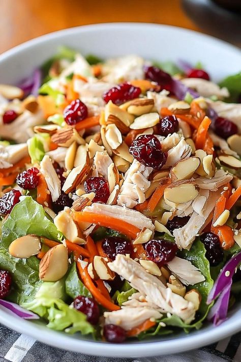 Asian Chicken Cranberry Salad Asian Cranberry Chicken Salad, Asian Chicken Cranberry Salad, Chicken Cranberry Salad, Strawberry Feta Salad, Chicken Cranberry, Lower Carb Meals, Cranberry Chicken Salad, Asian Chicken Salads, Cranberry Chicken