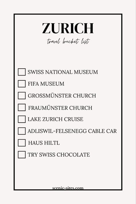 Home to historic churches, world-renowned museums, and a beautiful lake, Zurich is the perfect spot for your next vacation. Here’s a bucket list to make sure you experience all that Zurich has to offer! | Follow for more bucket lists! | #travel #traveltips #traveltheworld #travelblogger #travelguide #bucketlist #bucketlisttravel #switzerland #switzerlandthingstodo #switzerlandbeautifulplaces #switzerlandmustsee #zurich Europe Switzerland, Geneva Bucket List, Zurich Bucket List, Bucket List Switzerland, Zurich In February, Things To Do In Zurich Switzerland, Switzerland Bucket List, Switzerland Zurich, Switzerland Places To Visit